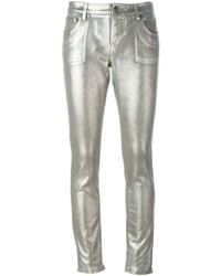 Серебряные хлопковые джинсы скинни от Roberto Cavalli