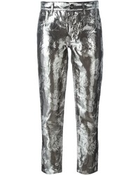Женские серебряные шелковые классические брюки с цветочным принтом от Maison Margiela