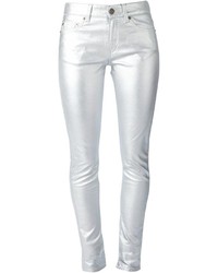 Серебряные шелковые узкие брюки от Saint Laurent
