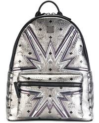 Женский серебряный кожаный рюкзак с принтом от MCM