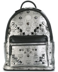 Женский серебряный кожаный рюкзак с украшением от MCM