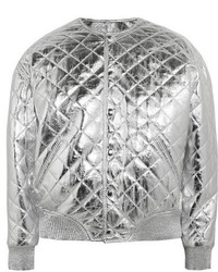 Женский серебряный кожаный стеганый бомбер от Saint Laurent