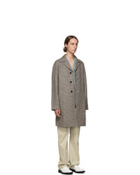 Серое длинное пальто с узором "гусиные лапки" от Prada