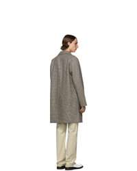 Серое длинное пальто с узором "гусиные лапки" от Prada