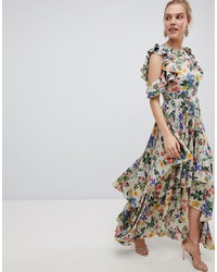 Серое сатиновое вечернее платье с цветочным принтом от ASOS DESIGN
