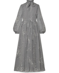 Серое шелковое платье-макси с цветочным принтом
