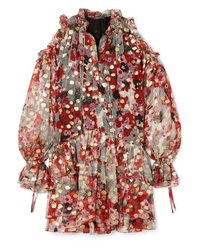 Серое шифоновое платье прямого кроя с цветочным принтом от Alexander McQueen