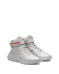 Мужские серые кожаные высокие кеды от Prada