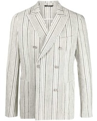 Серый льняной двубортный пиджак в вертикальную полоску