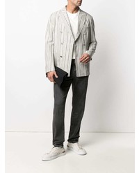 Мужской серый льняной двубортный пиджак в вертикальную полоску от Tonello