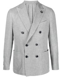 Серый льняной двубортный пиджак с цветочным принтом