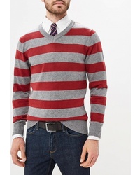 Мужской серый свитер с v-образным вырезом в горизонтальную полоску от B.Men