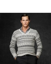 Серый свитер с v-образным вырезом с жаккардовым узором