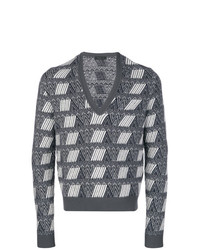 Мужской серый свитер с v-образным вырезом с принтом от Prada