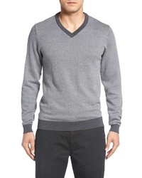 Серый свитер с v-образным вырезом с узором "в ёлочку"