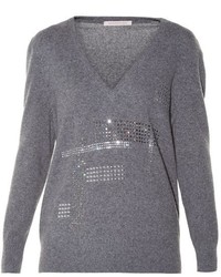 Серый свитер с v-образным вырезом с украшением