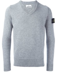 Мужской серый свитер с v-образным вырезом от Stone Island