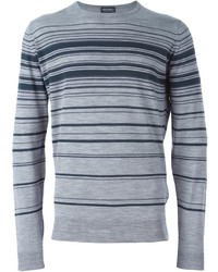 Мужской серый свитер с круглым вырезом в горизонтальную полоску от John Smedley