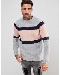 Мужской серый свитер с круглым вырезом в горизонтальную полоску от Pull&Bear