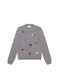 Мужской серый свитер с круглым вырезом с вышивкой от Gucci