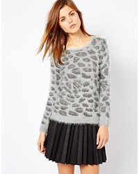 Женский серый свитер с круглым вырезом с леопардовым принтом от A Wear