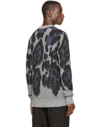Мужской серый свитер с круглым вырезом с леопардовым принтом от Sacai