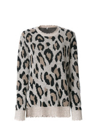 Женский серый свитер с круглым вырезом с леопардовым принтом от R13