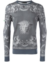 Мужской серый свитер с круглым вырезом с принтом от Versace
