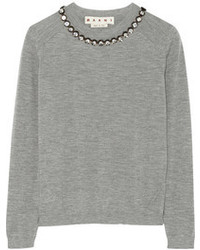 Женский серый свитер с круглым вырезом с украшением от Marni