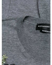 Мужской серый свитер с круглым вырезом с цветочным принтом от Alexander McQueen