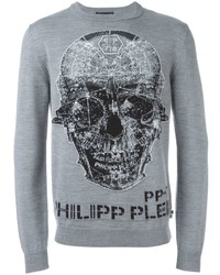 Мужской серый свитер с круглым вырезом от Philipp Plein