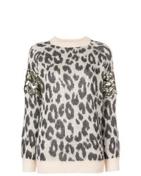Серый свободный свитер с леопардовым принтом