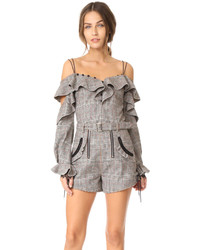 Серый топ с открытыми плечами в клетку