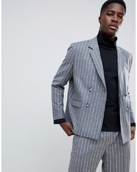 Серый шерстяной двубортный пиджак в вертикальную полоску