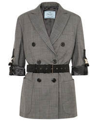 Женский серый шерстяной двубортный пиджак в клетку от Prada