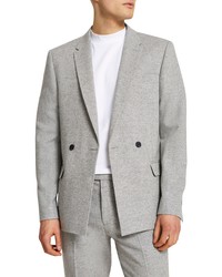 Серый шерстяной двубортный пиджак с узором "в ёлочку"