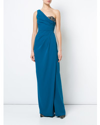 Синее вечернее платье с украшением от Marchesa Notte