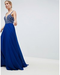 Синее вечернее платье с украшением от Jovani