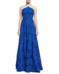 Синее кружевное вечернее платье