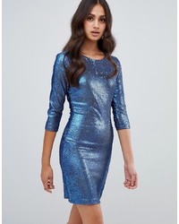 Синее облегающее платье с пайетками
