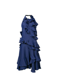 Синее платье-миди с рюшами от Maison Rabih Kayrouz