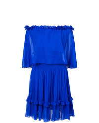 Синее платье с открытыми плечами с рюшами от Prabal Gurung