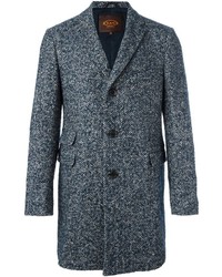 Синее твидовое пальто с узором "в ёлочку"