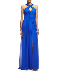 Синее шифоновое вечернее платье