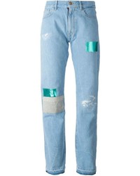 Синие джинсы-бойфренды в стиле пэчворк от ARIES