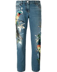 Синие джинсы-бойфренды с пайетками от Roberto Cavalli
