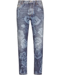 Мужские синие джинсы с цветочным принтом от Dolce & Gabbana
