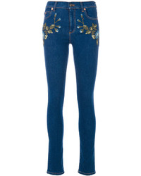 Синие джинсы скинни с вышивкой от Gucci