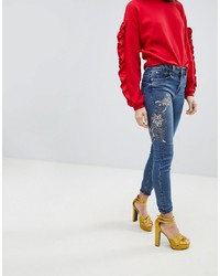 Синие джинсы скинни с цветочным принтом от New Look