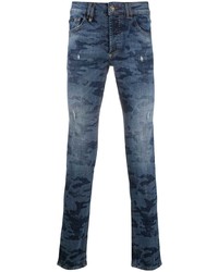 Мужские синие зауженные джинсы с камуфляжным принтом от Philipp Plein